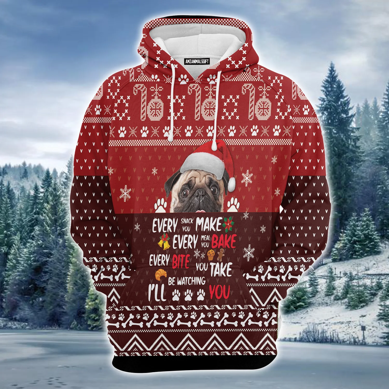 Pug Xmas Premium Christmas Hoodie, I Will Be Watching You Unisex Hoodie For Men & Women - Perfect Gift For Christmas, Pug Lovers - Image 2