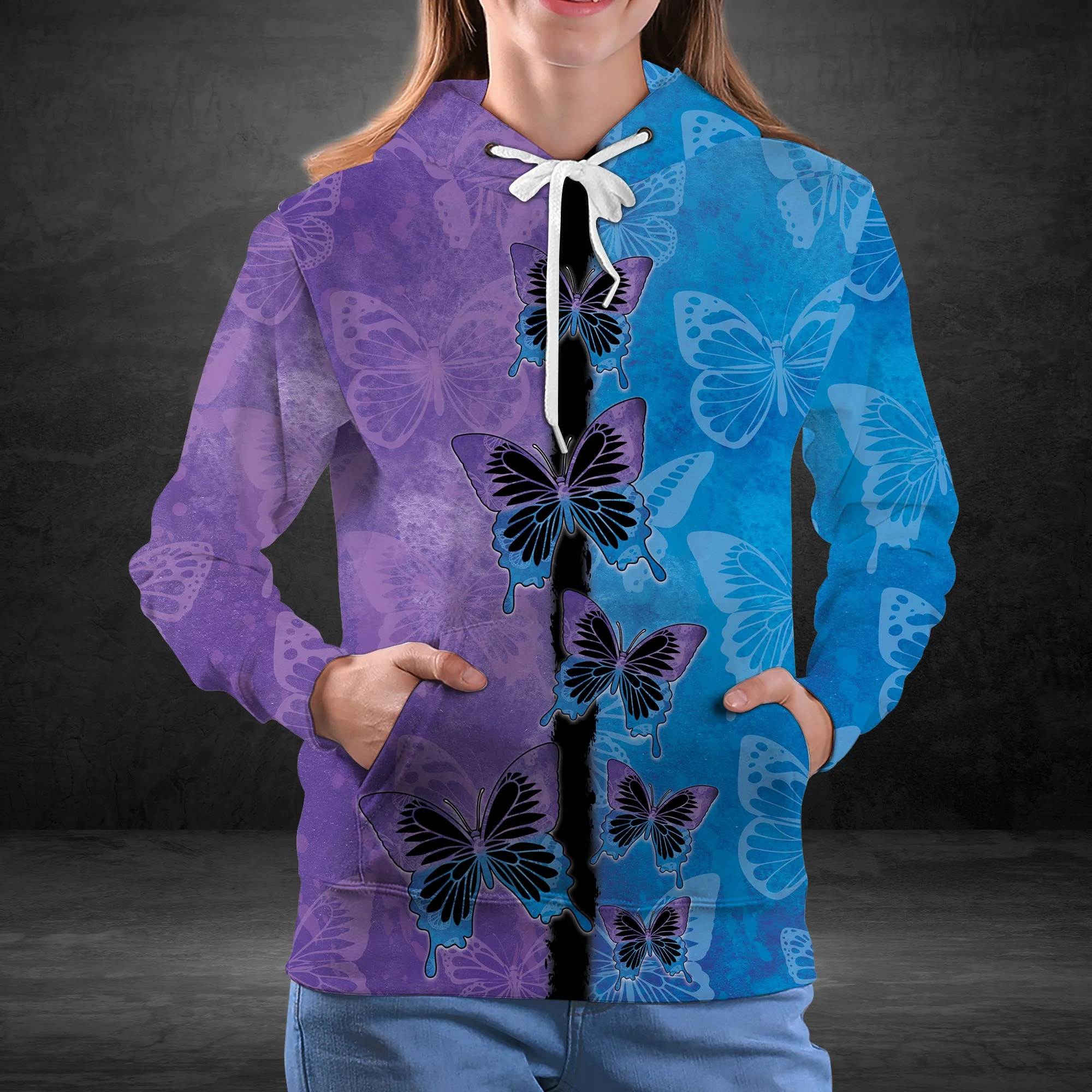 Purple Blue Butterfly Pullover Premium Hoodie, Perfect Outfit For Men And Women On Christmas New Year Autumn Winter - Image 2