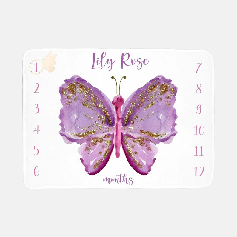 Purple Gold Butterfly Baby Milestone Blanket With Customized Name For Baby Girl Nursery, Daughter, Granddaughter, Month Gifts
