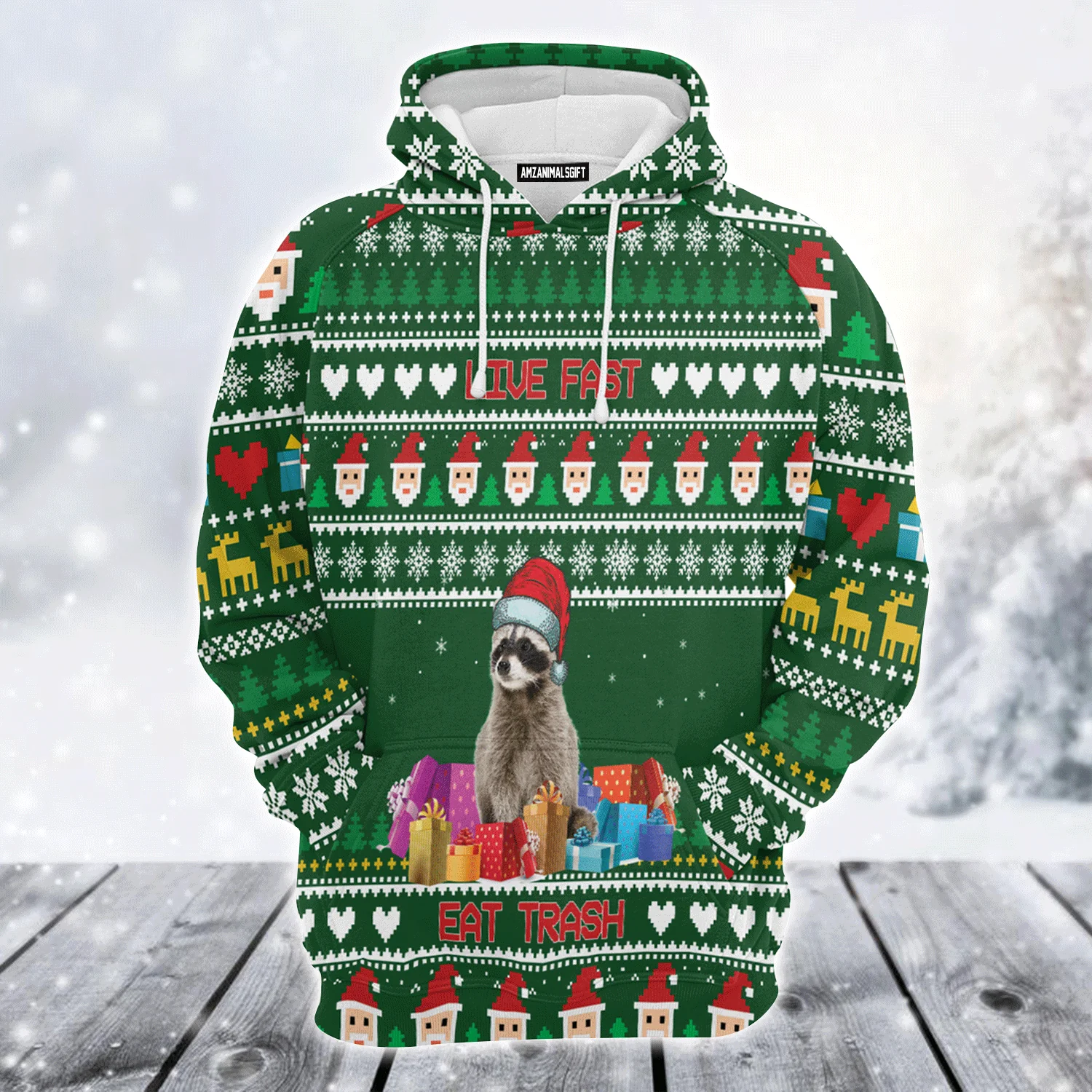 Raccoon Premium Christmas Hoodie, Raccoon Live Fast Eat Trash Christmas Unisex Hoodie For Men & Women - Perfect Gift For Christmas, Raccoon Lover - Image 2