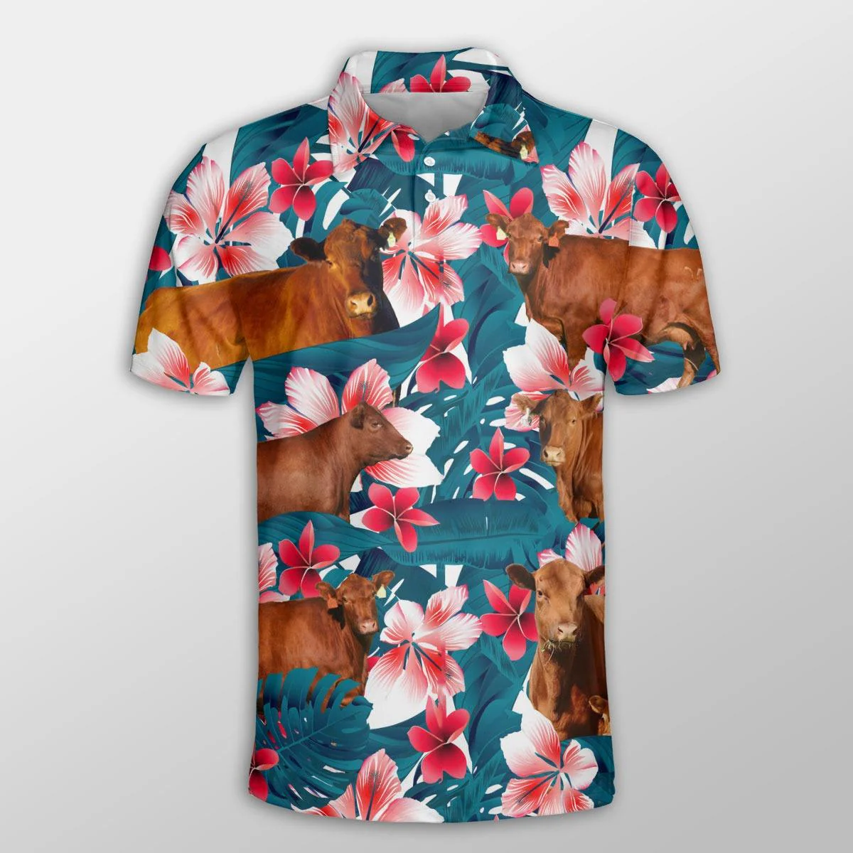 Red Angus Men Polo Shirts For Summer - Red Angus Tropical Floral Pattern Farm Lovers Button Shirts For Men - Perfect Gift For Red Angus Lovers