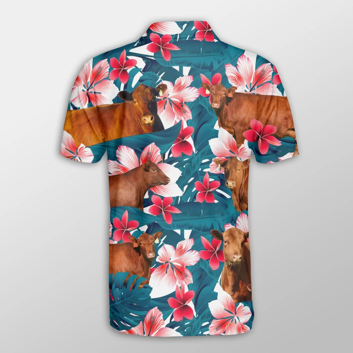 Red Angus Men Polo Shirts For Summer - Red Angus Tropical Floral Pattern Farm Lovers Button Shirts For Men - Perfect Gift For Red Angus Lovers - Image 2