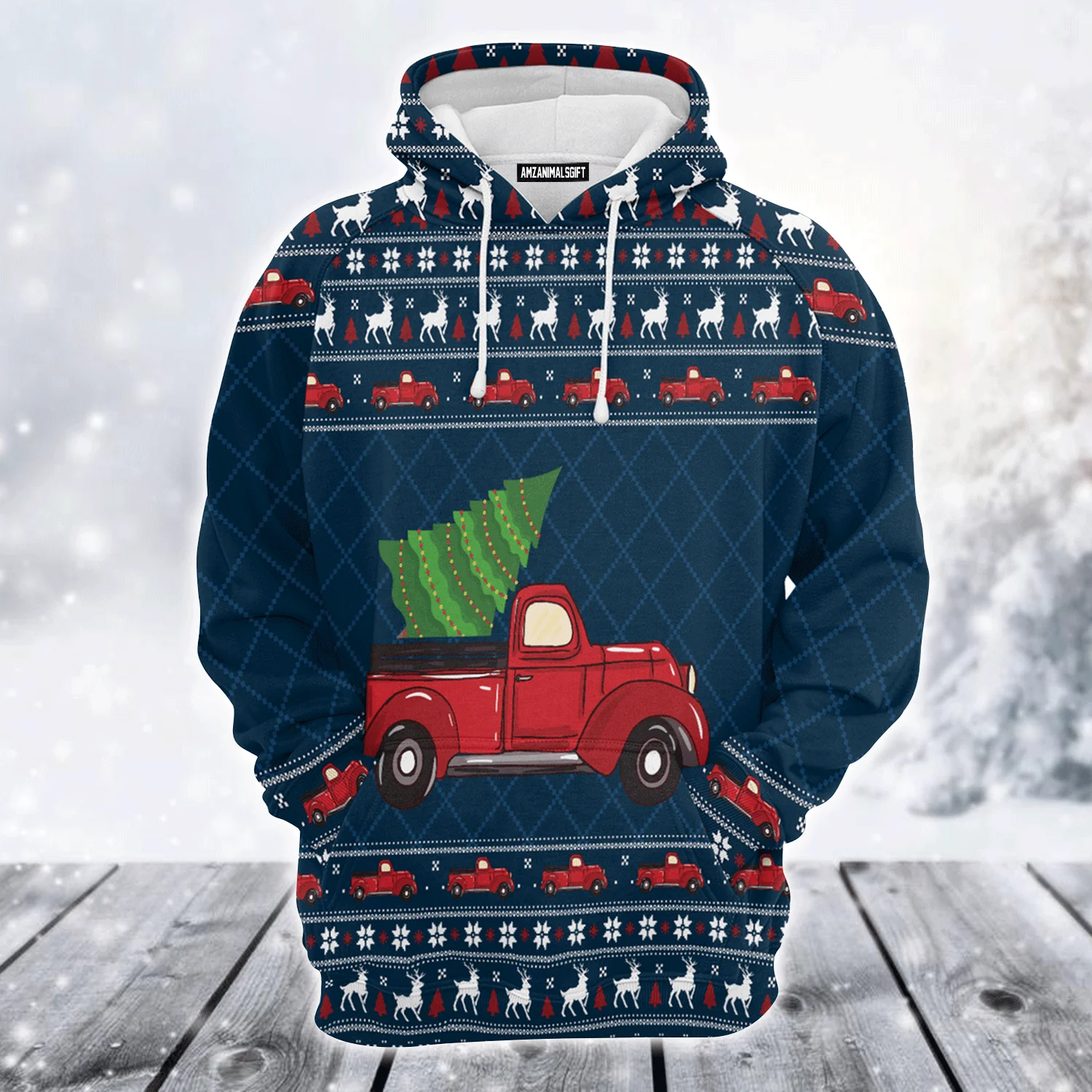 Red Truck Premium Christmas Hoodie, Vintage Red Truck Christmas Unisex Hoodie For Men & Women - Perfect Gift For Christmas, Friends, Family - Image 2