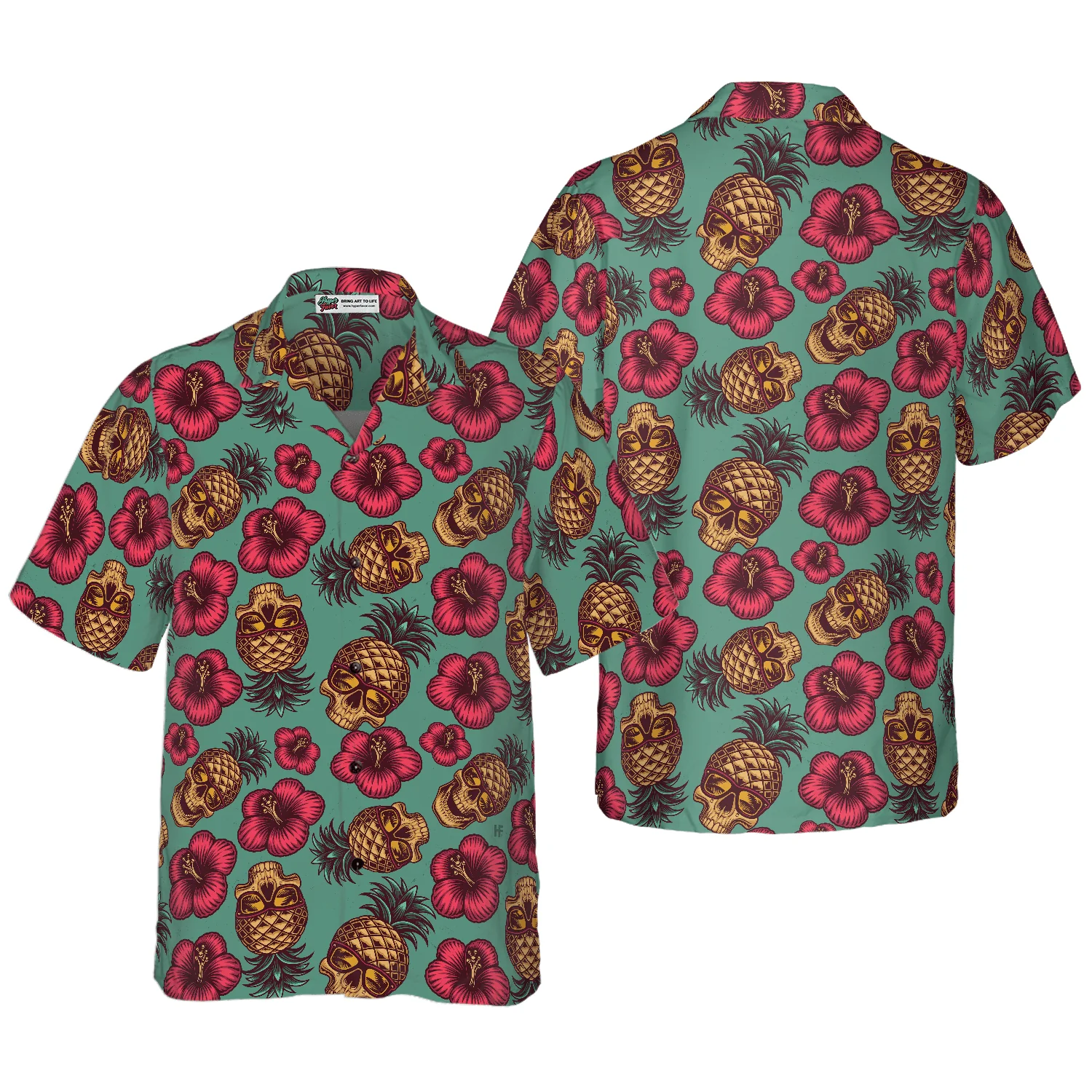 Retro Pineapple Skull Hibiscus Pattern Hawaiian Shirt, Colorful Summer Aloha Shirt For Men Women, Perfect Gift For Friend, Family, Husband, Wife