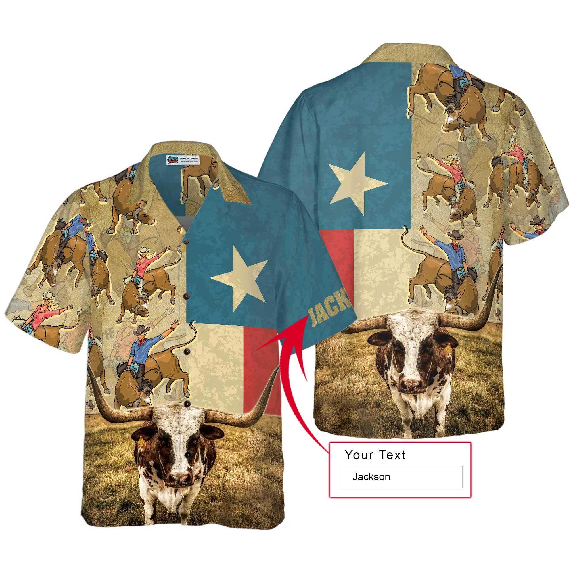 Rodeo Longhorn Texas Flag Custom Name Hawaiian Shirt, Personalized Summer Aloha Shirt Perfect Unique Gift For Men Women Texas Lovers