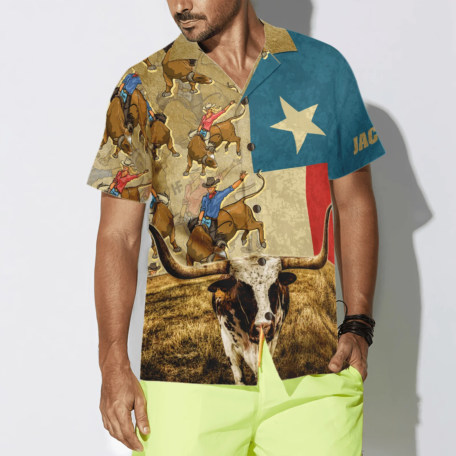 Rodeo Longhorn Texas Flag Custom Name Hawaiian Shirt, Personalized Summer Aloha Shirt Perfect Unique Gift For Men Women Texas Lovers - Image 3