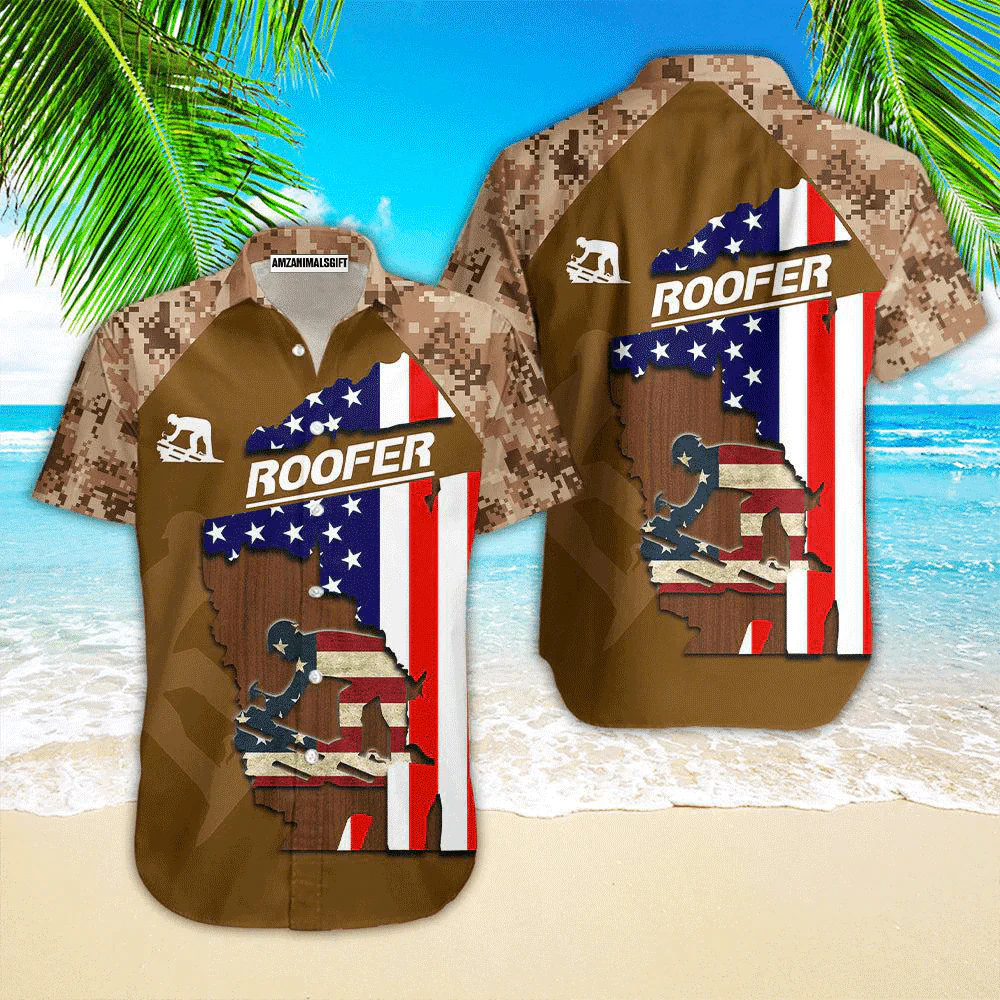 Roofer American Flag Patriotic Brown Aloha Hawaiian Shirts For Men Women, 4th Of July Gift For Summer, Friend, Family, Independence Day, Roofer Lovers - Image 2