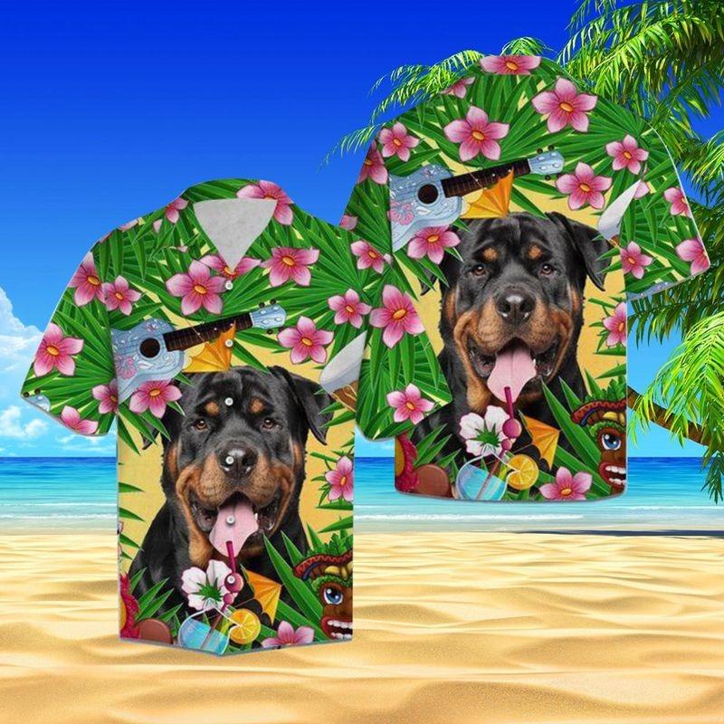 Rottweiler Aloha Hawaiian Shirt - Rottweiler & Guitar Hawaiian Shirt, Tropical Flower Leaves Hawaiian Shirt For Men & Women, Rottweiler Lover