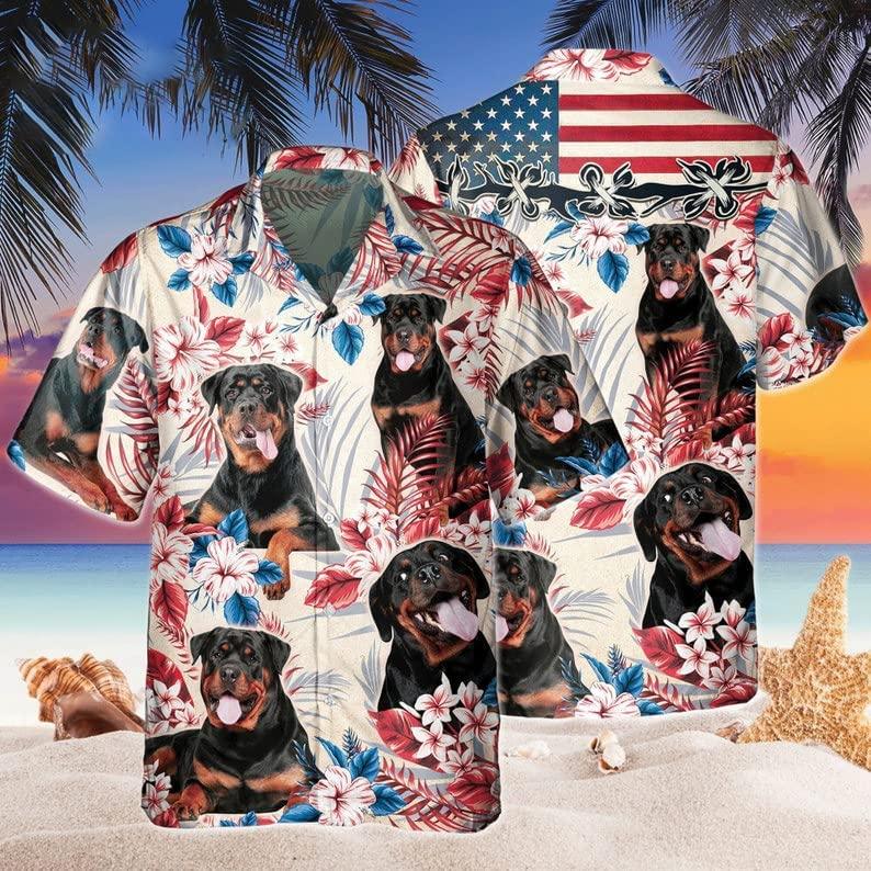 Rottweiler Aloha Hawaiian Shirts For Summer, Dog Tropical Independence Day USA Flag Hawaiian Shirt For Men Women, 4th of July Gift For Dog Lovers