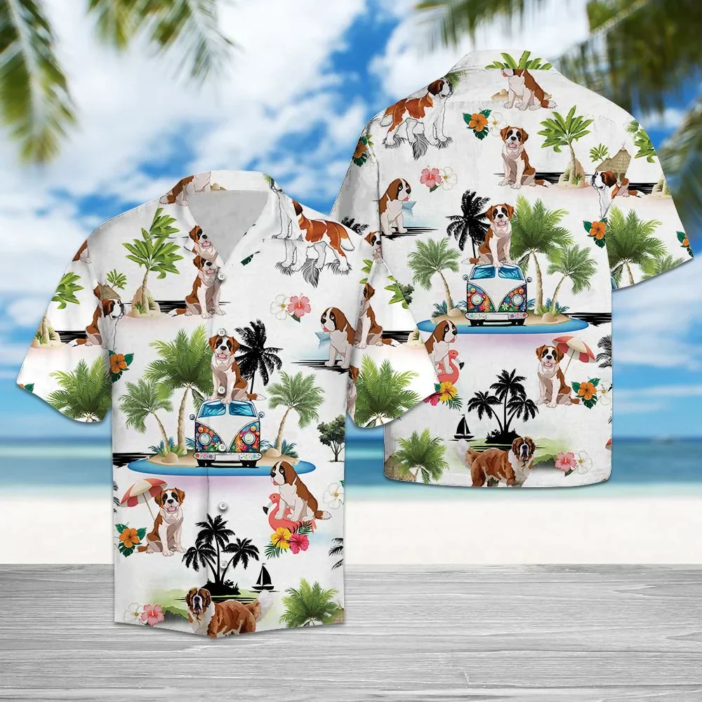 Saint Bernard Hawaiian Shirt, St. Bernard Hippie Palm Vacation Aloha Shirt For Men Women - Perfect Gift For Dog Lovers, Husband, Boyfriend, Wife
