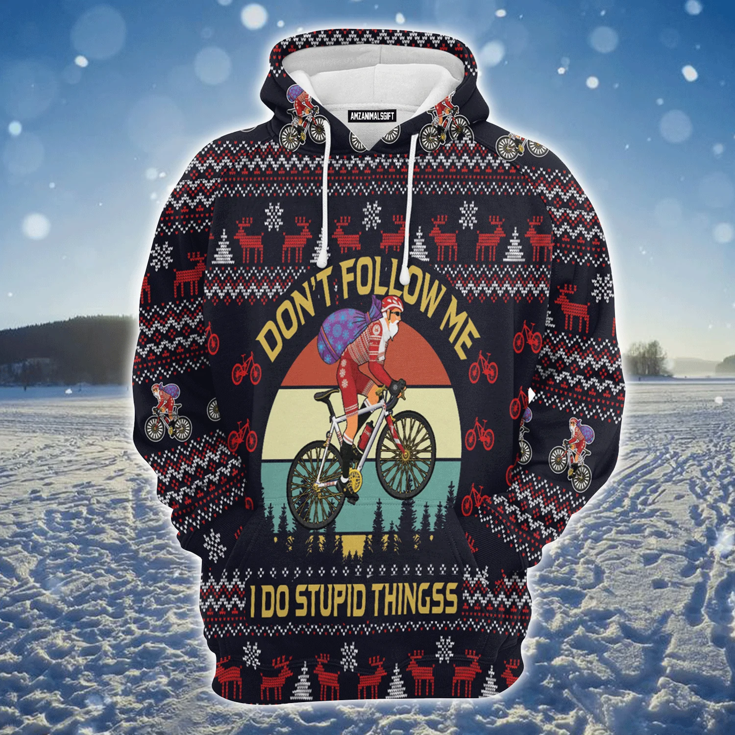Santa Bike Premium Christmas Hoodie, Satan Claus On Bike Vintage Background Unisex Hoodie For Men & Women - Perfect Gift For Christmas, Family, Biker - Image 2