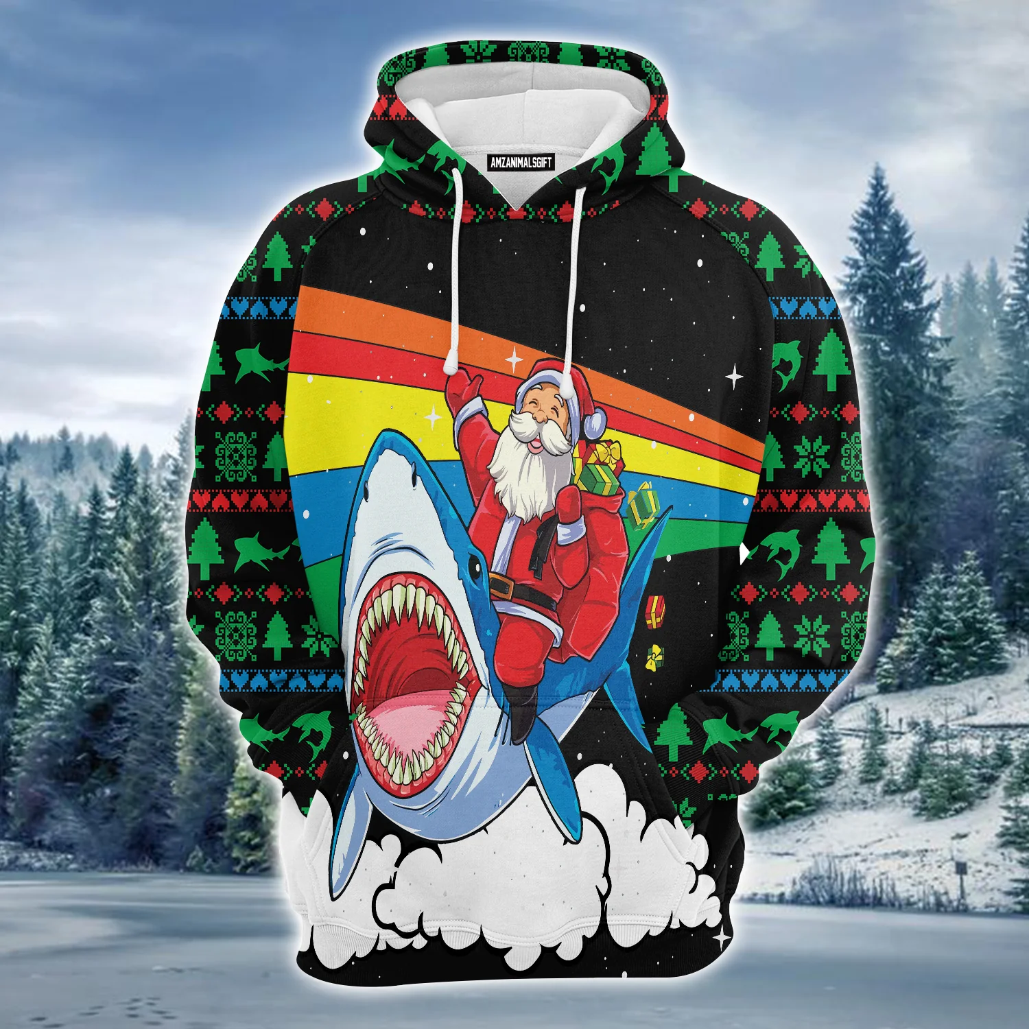 Santa Claus Riding Shark Premium Christmas Hoodie, Funny Christmas Unisex Hoodie For Men & Women - Perfect Gift For Christmas, Friends, Family - Image 2