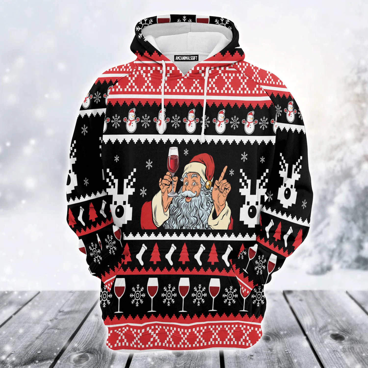 Santa Drinking Premium Christmas Hoodie, Santa Drinking Red Wine Unisex Hoodie For Men & Women - Perfect Gift For Christmas, Friends, Family