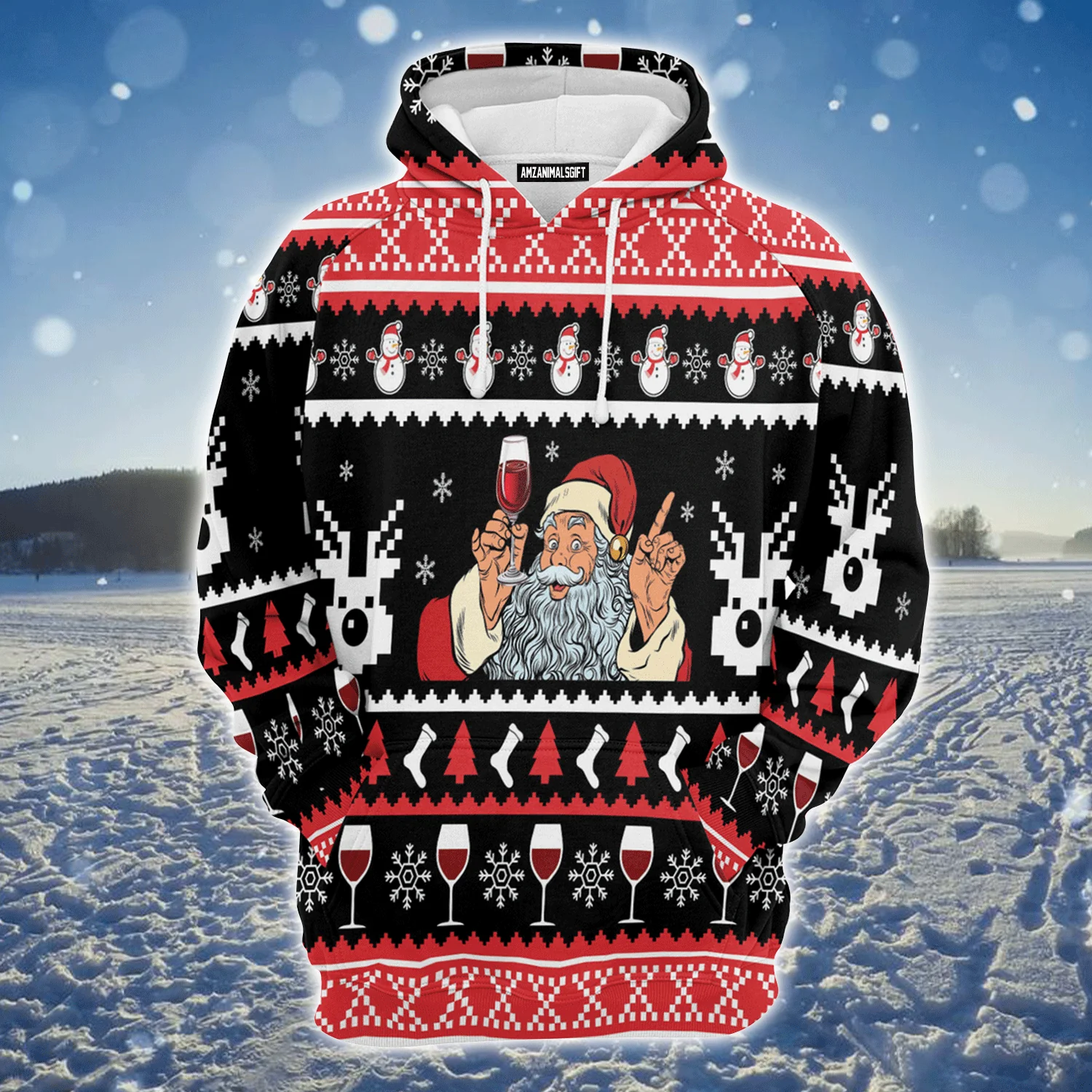 Santa Drinking Premium Christmas Hoodie, Santa Drinking Red Wine Unisex Hoodie For Men & Women - Perfect Gift For Christmas, Friends, Family - Image 2