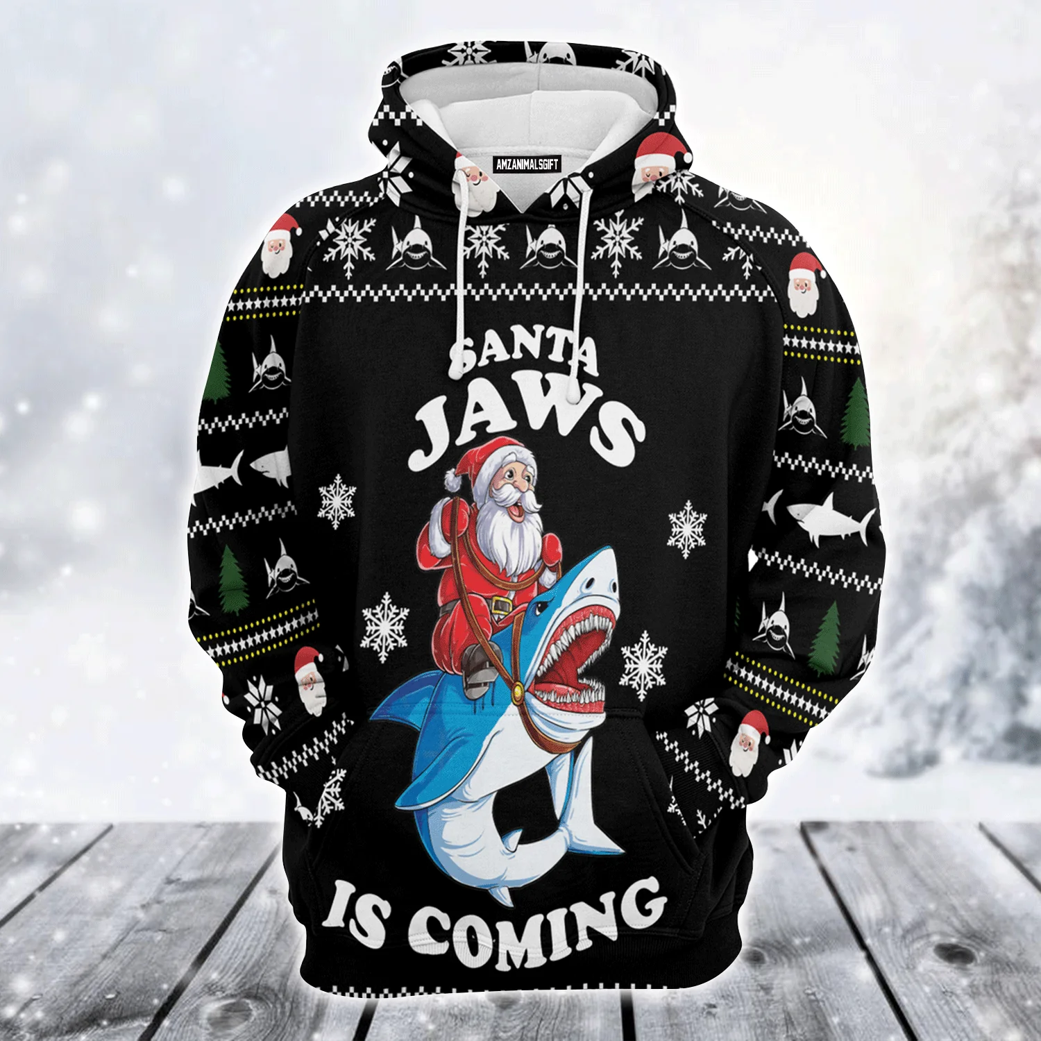 Santa Premium Christmas Hoodie, Santa Jaws Is Coming Funny Unisex Hoodie For Men & Women - Perfect Gift For Christmas, Friends, Family - Image 2