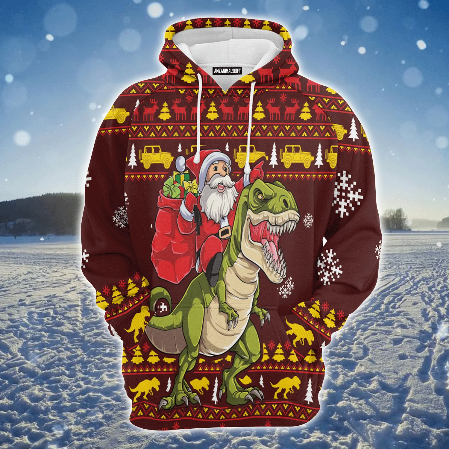 Santa Premium Christmas Hoodie, Santa Riding Dinosaur Funny Unisex Hoodie For Men & Women - Perfect Gift For Christmas, Friends, Family - Image 2