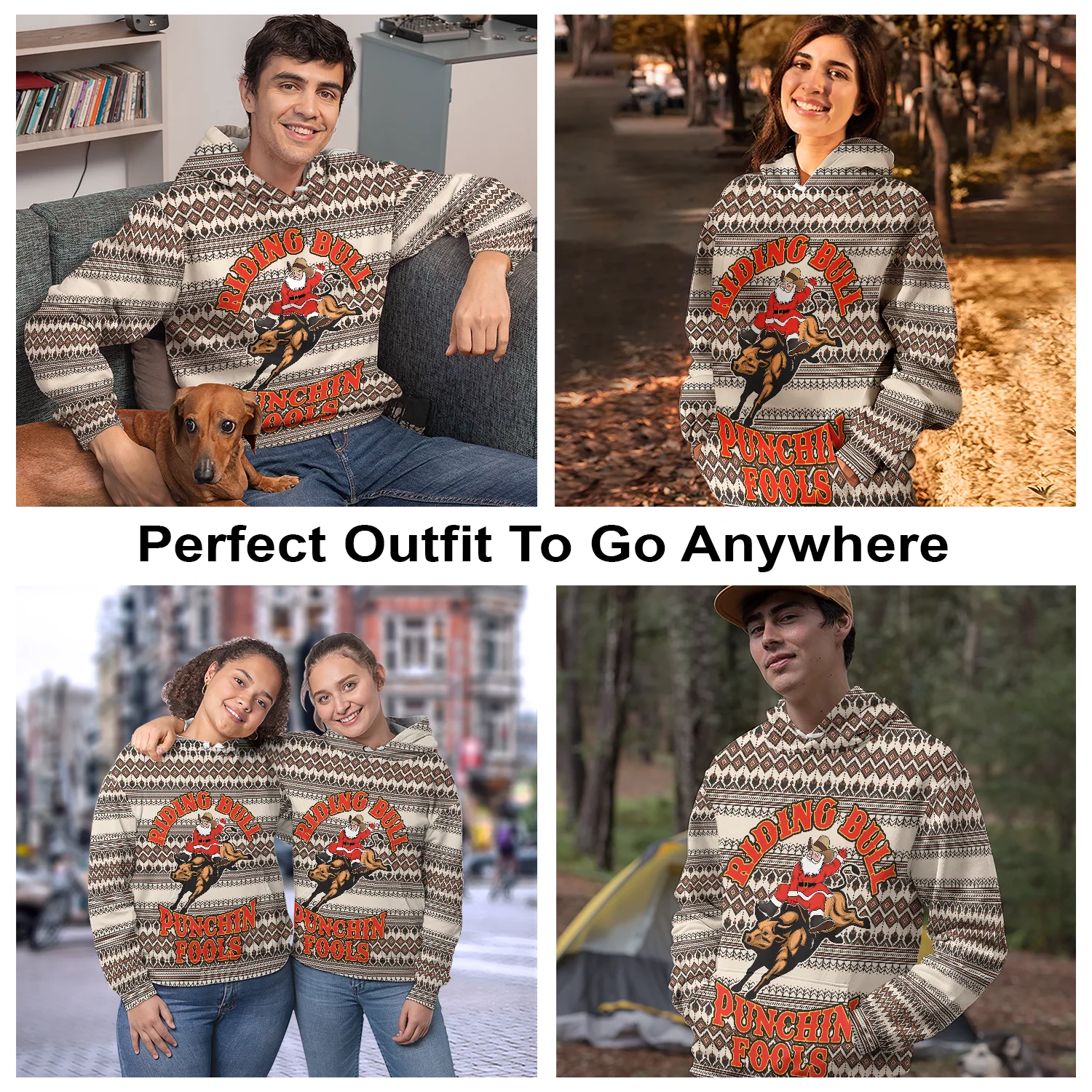 Santa Riding Bulls Pullover Premium Hoodie Punchin Fools , Perfect Outfit For Men And Women On Christmas New Year Autumn Winter - Image 3