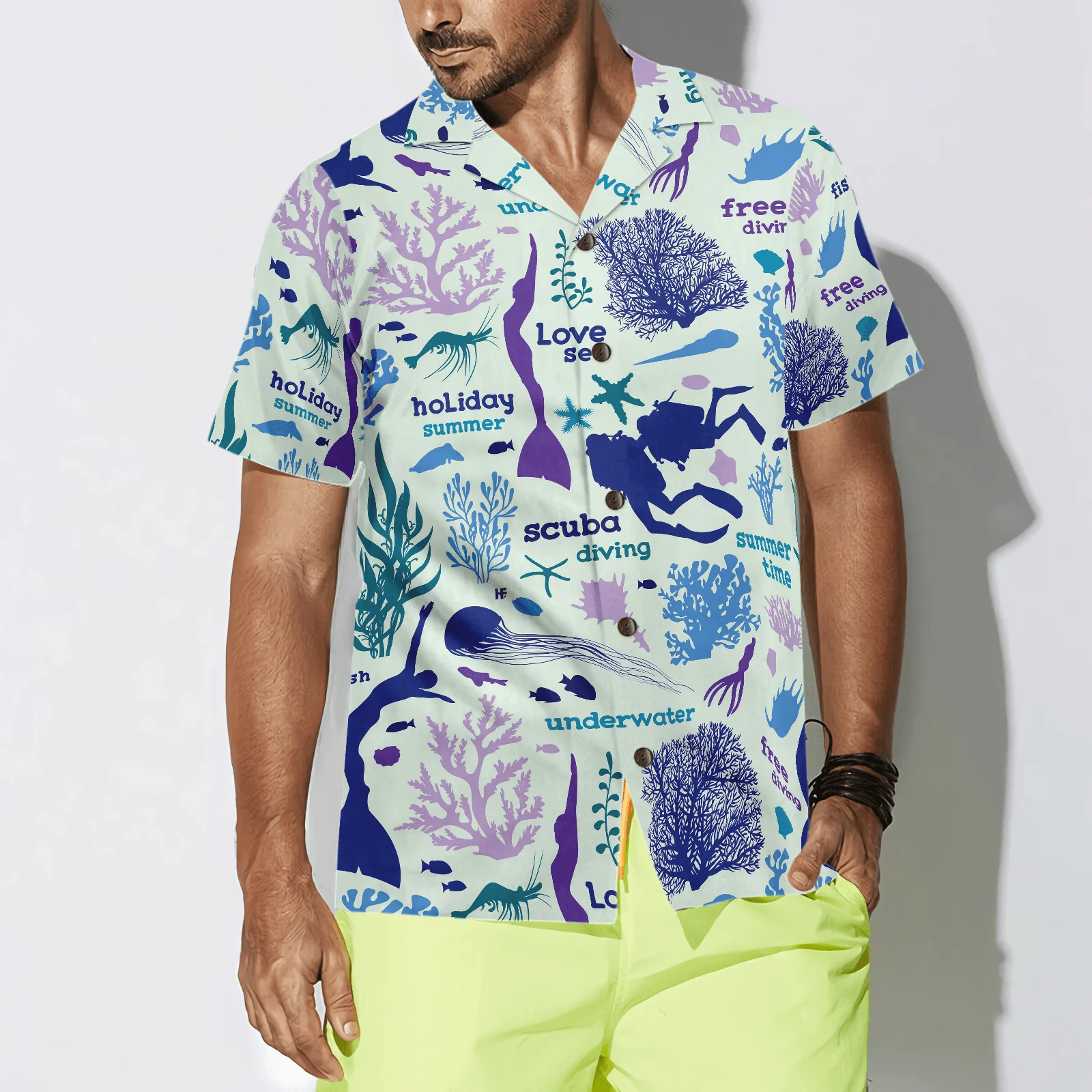 Scuba Diver And Sea Pattern Hawaiian Shirt, Colorful Summer Aloha Shirt For Men Women, Gift For Friend, Team, Diving Lovers - Image 3