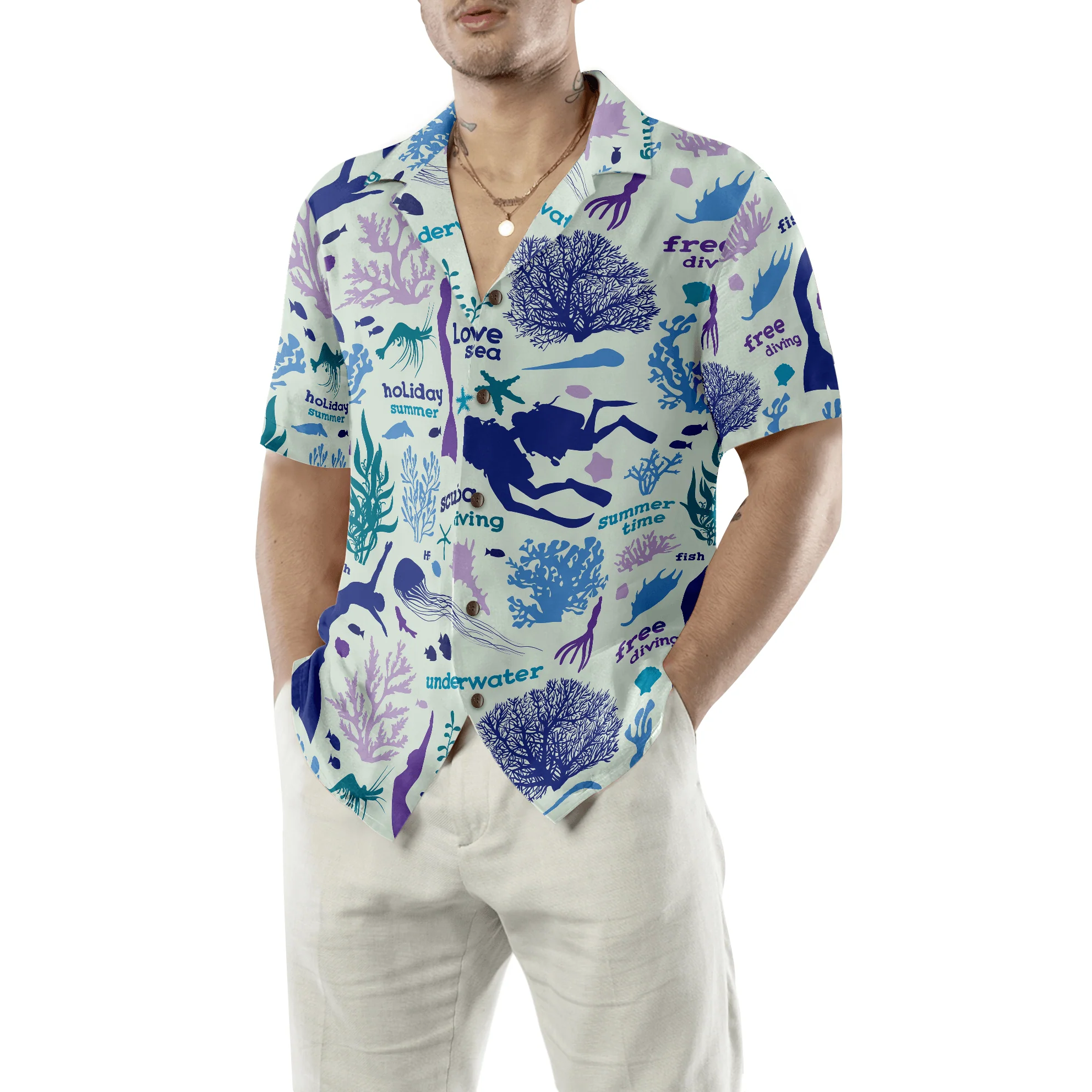 Scuba Diver And Sea Pattern Hawaiian Shirt, Colorful Summer Aloha Shirt For Men Women, Gift For Friend, Team, Diving Lovers - Image 5