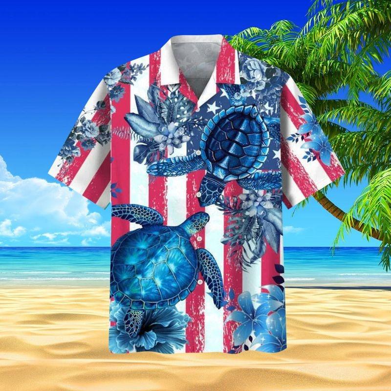 Sea Turtle Aloha Hawaiian Shirt - US Flag Tropical Leaf Hawaiian Shirt, Sea Turtle Hawaiian Shirt For Men & Women, Sea Turtle Lover