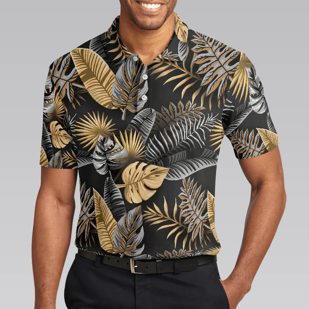 Men Golf Polo Shirt - Seamless Luxury Tropical Pattern Golf Polo Shirt, Black And Gold Best Floral Golf Shirt For Men - Perfect Gift For Men, Golfer - Image 2