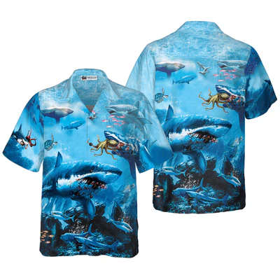 Shark Hawaiian Shirt, Dangerous Shark, Blue Sea Aloha Shirt For Men - Perfect Gift For Husband, Boyfriend, Friend, Family