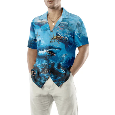 Shark Hawaiian Shirt, Dangerous Shark, Blue Sea Aloha Shirt For Men - Perfect Gift For Husband, Boyfriend, Friend, Family - Image 3
