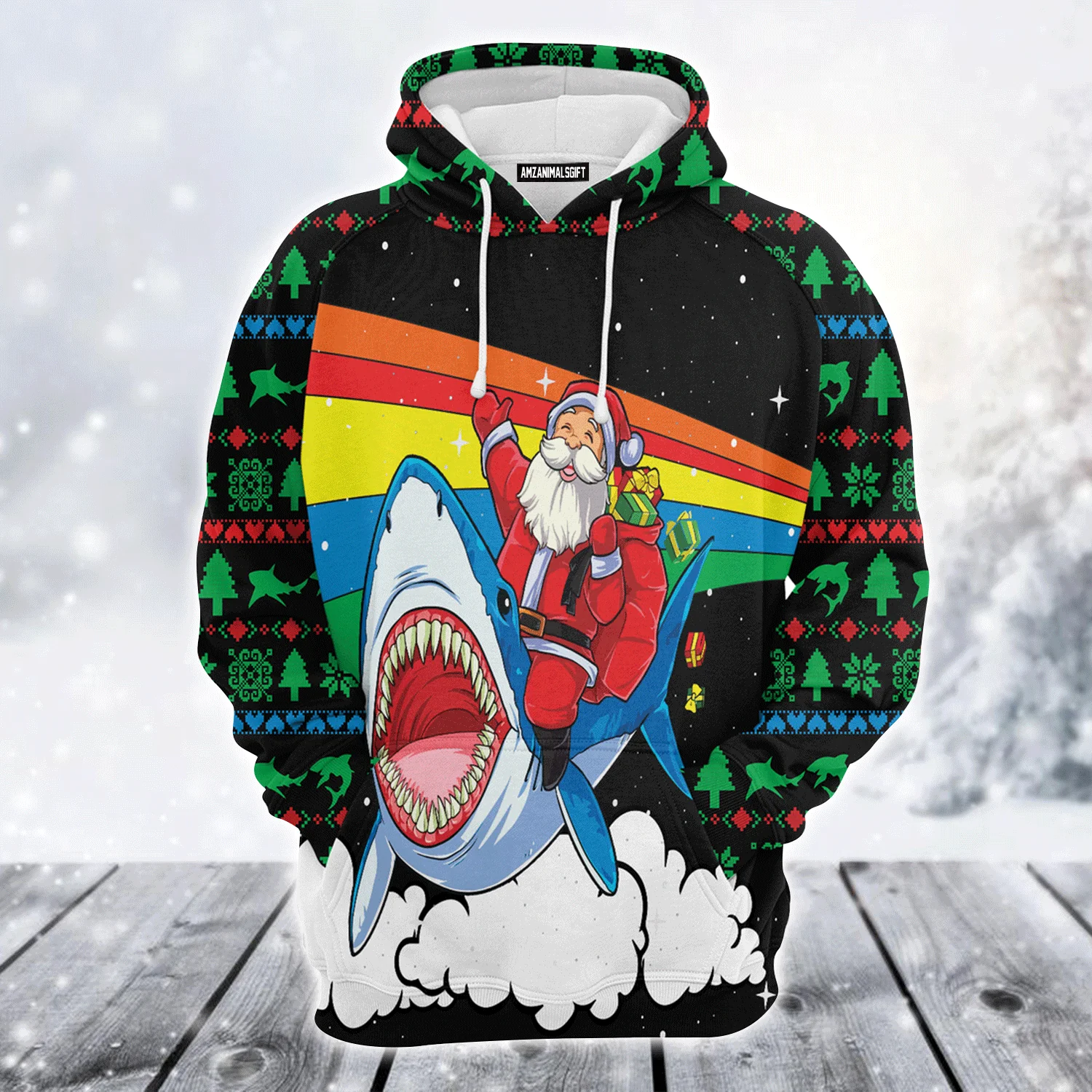 Shark Premium Christmas Hoodie, Santa Riding Shark Christmas Colorful Unisex Hoodie For Men & Women - Perfect Gift For Christmas, Shark Lover - Image 2