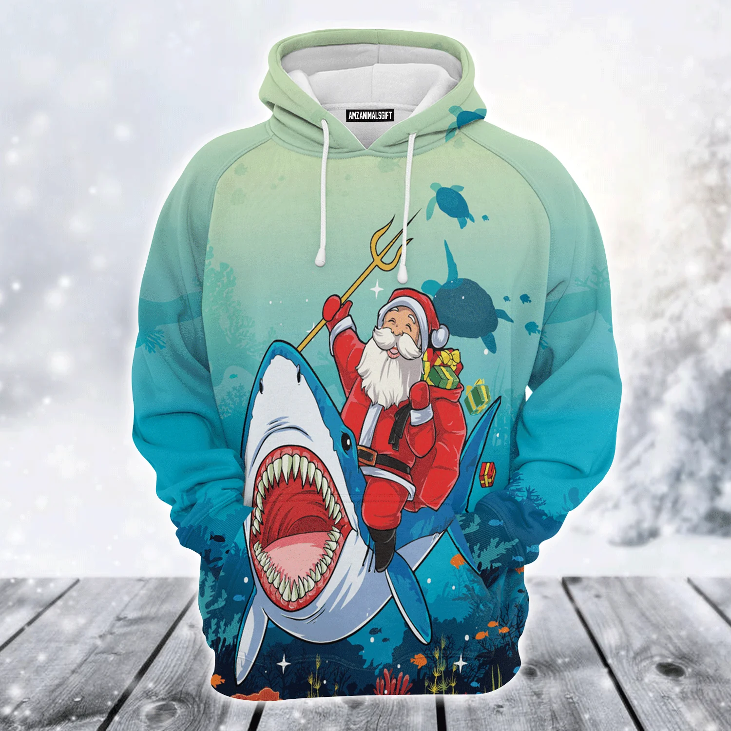 Shark Premium Christmas Hoodie, Santa Shark Under The Sea Christmas Colorful Unisex Hoodie For Men & Women - Perfect Gift For Christmas, Shark Lover - Image 2