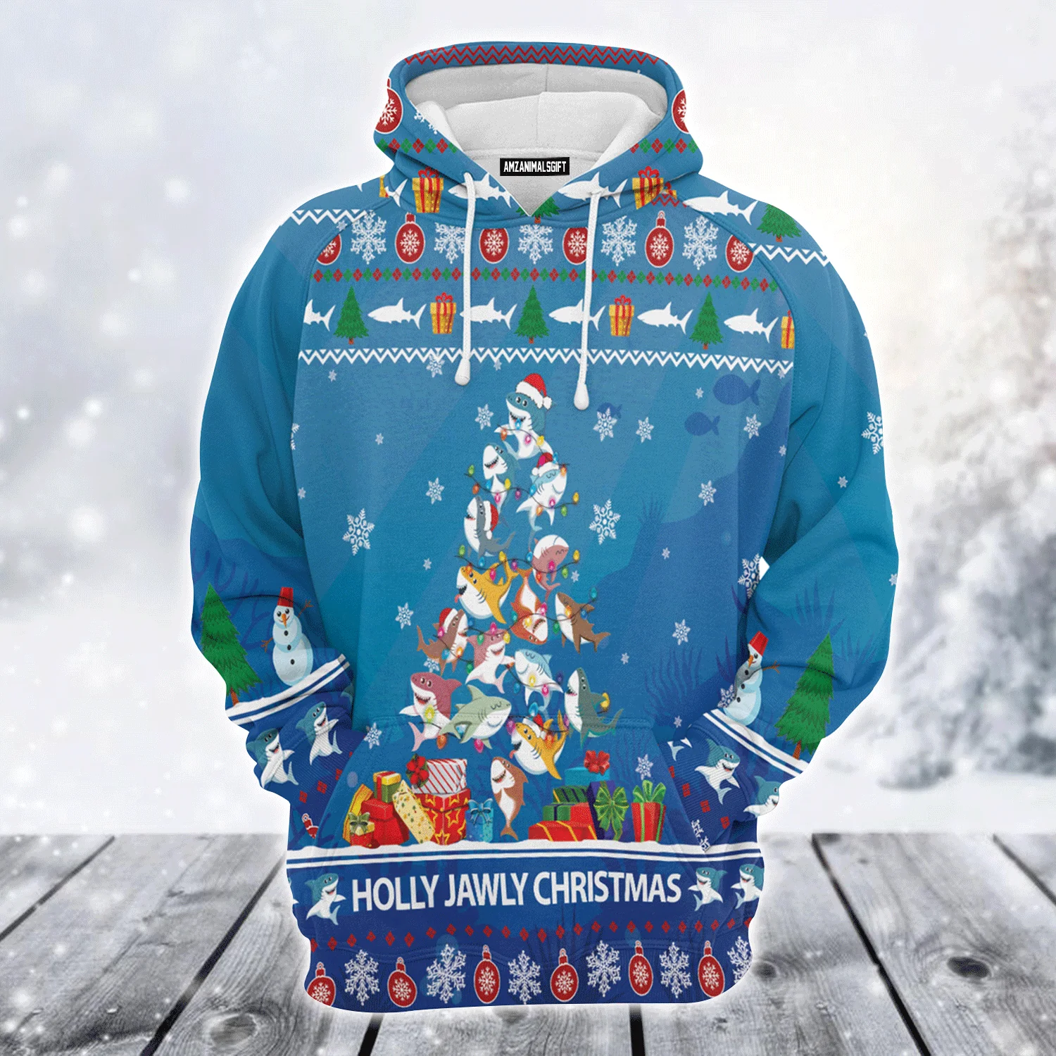 Shark Premium Christmas Hoodie, Shark Holly Jawly Christmas Unisex Hoodie For Men & Women - Perfect Gift For Christmas, Shark Lover - Image 2