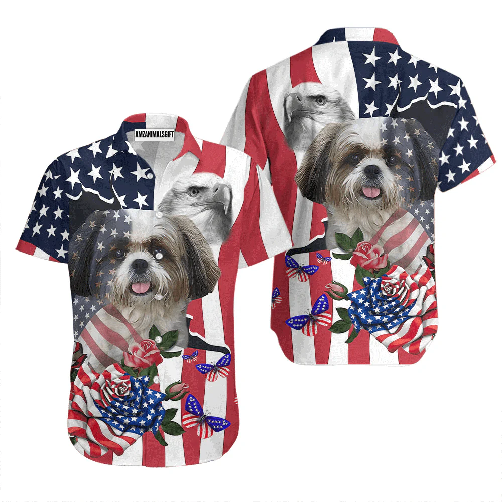 Shih Tzu Cute Pet US 4th July Independence Day Aloha Hawaiian Shirts For Men Women, American Flag Hawaiian Shirt, Gift For Summer, Patriot, Dog Lovers