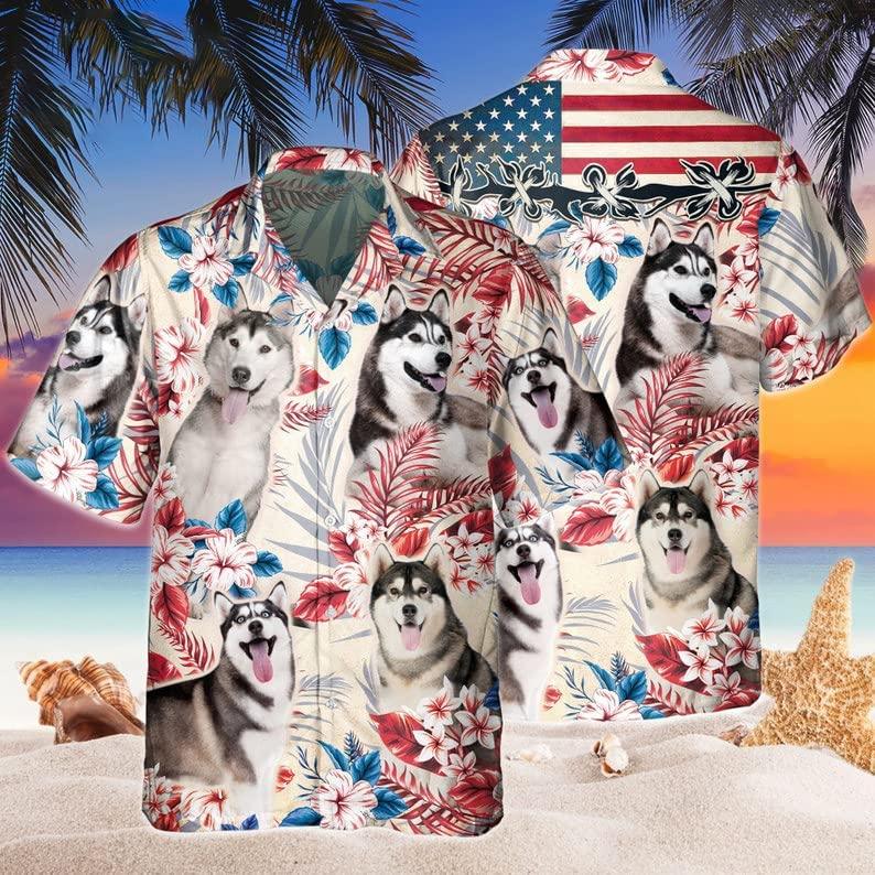 Siberian Husky Aloha Hawaiian Shirts For Summer, Dog Tropical Independence Day USA Flag Hawaiian Shirt For Men Women, 4th of July Gift For Dog Lovers