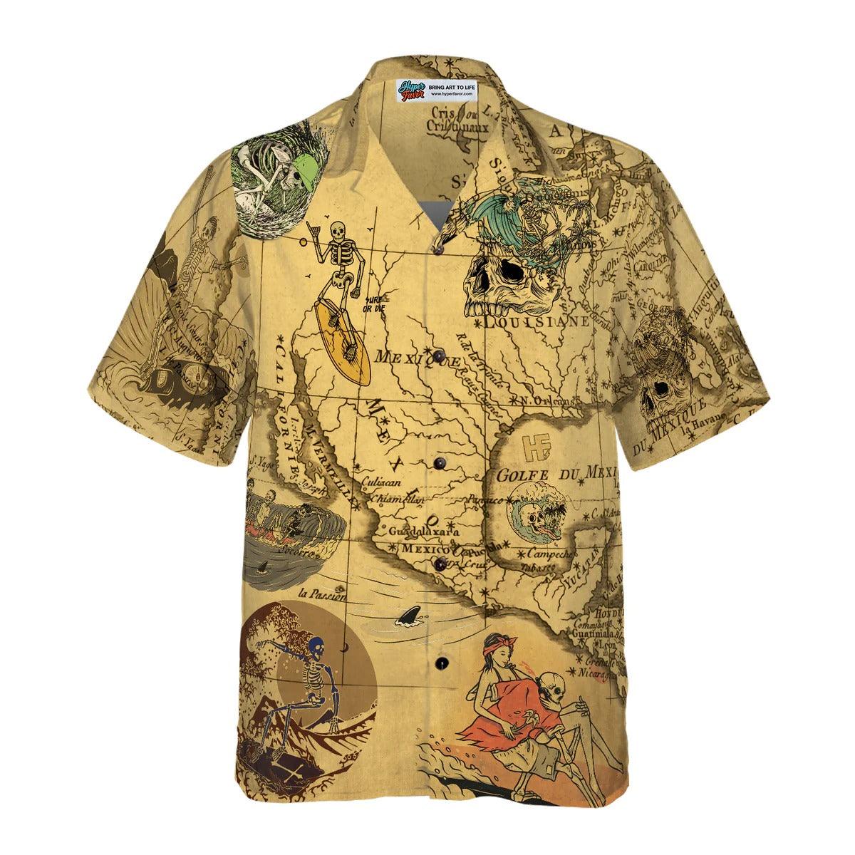 Skeleton Surfing Map Hawaiian Shirt, Surfing Hawaiian Shirt, Vintage Skeleton Aloha Shirt - Perfect Gift For Men, Women, Surfing Lover, Friend, Family - Image 2
