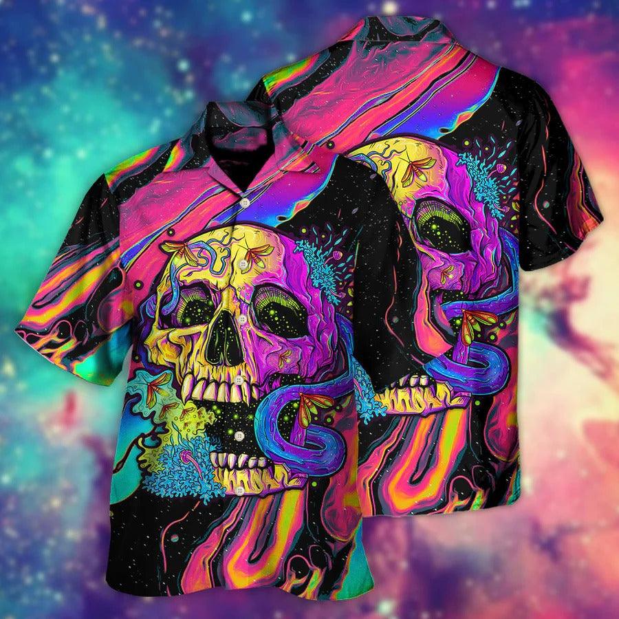 Skull Aloha Hawaiian Shirt For Summer - Skull And Moth Night Butterfly Neon Style Hawaiian Shirt - Perfect Gift For Men, Women, Skull Lover