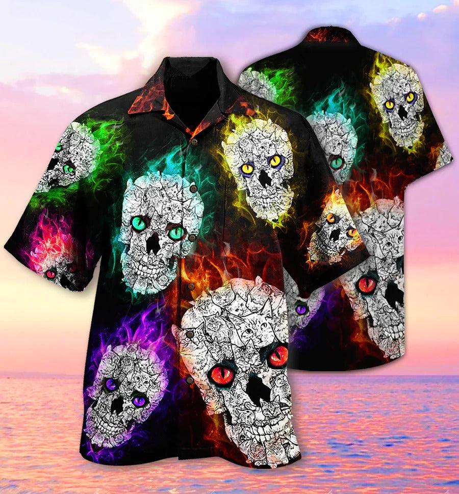 Skull Aloha Hawaiian Shirt For Summer - Skull Color Smile Say Hi Hawaiian Shirt - Cat Skull Hawaiian Shirt - Perfect Gift For Men, Women, Skull Lover