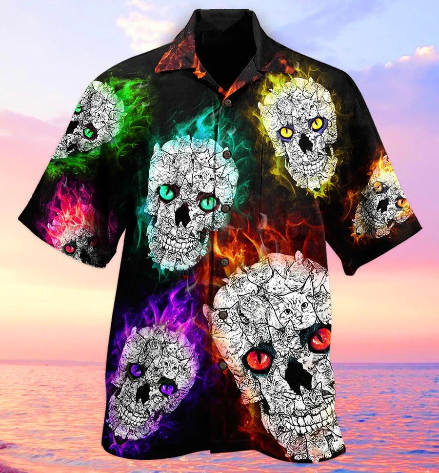 Skull Aloha Hawaiian Shirt For Summer - Skull Color Smile Say Hi Hawaiian Shirt - Cat Skull Hawaiian Shirt - Perfect Gift For Men, Women, Skull Lover - Image 2
