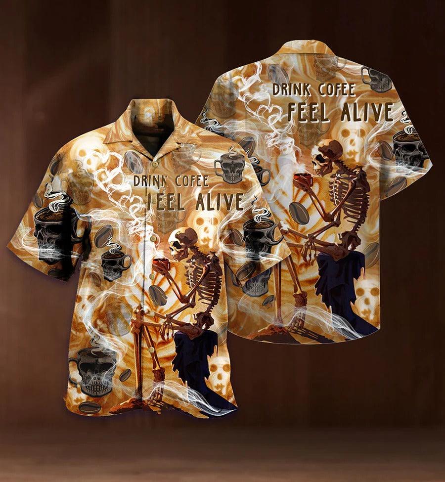 Skull Aloha Hawaiian Shirt For Summer - Skull Drink Coffee Feel Alive Hawaiian Shirt - Perfect Gift For Men, Women, Skull Lover