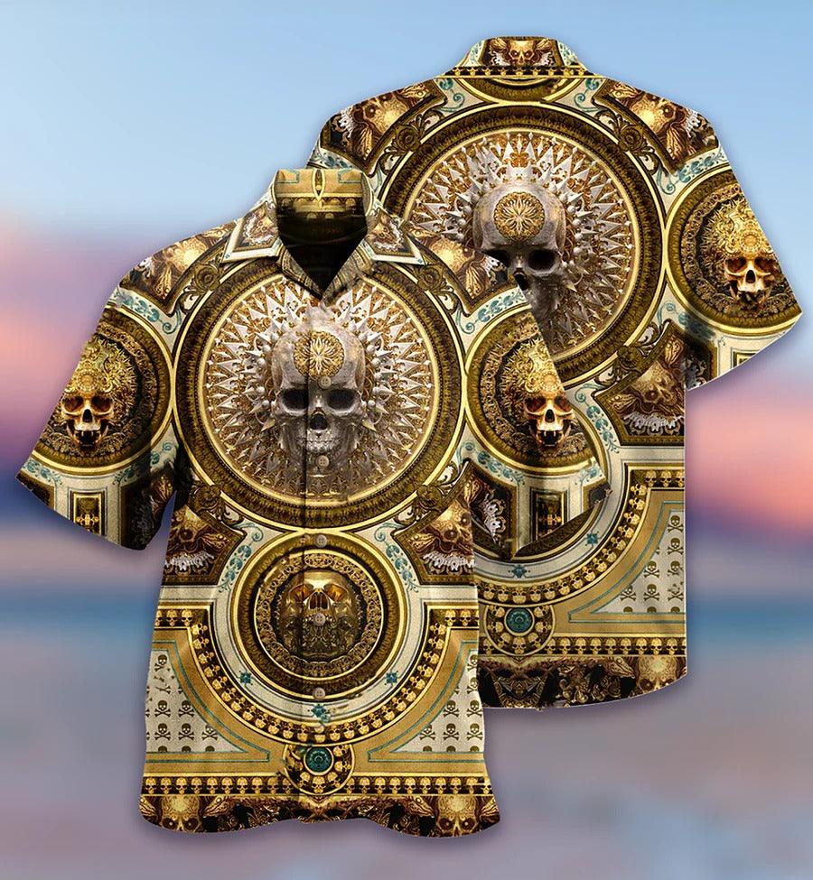Skull Aloha Hawaiian Shirt For Summer - Skull Gold Luxury Style Hawaiian Shirt - Golden Skull Hawaiian Shirt - Perfect Gift For Men, Women, Skull Lover - Image 2
