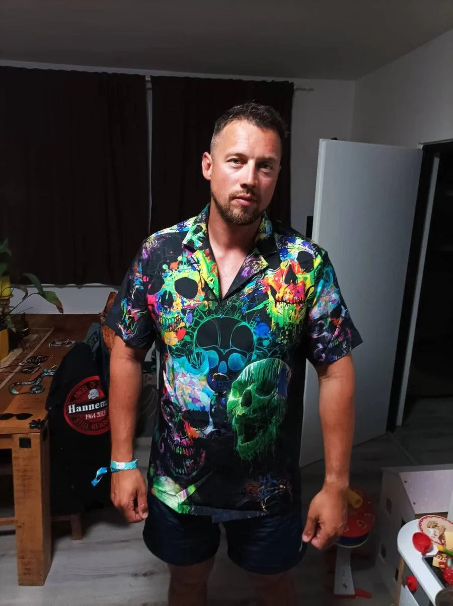 Skull Aloha Hawaiian Shirt For Summer - Skull Green Color Splash Hawaiian Shirt - Perfect Gift For Men, Women, Skull Lover - Image 2
