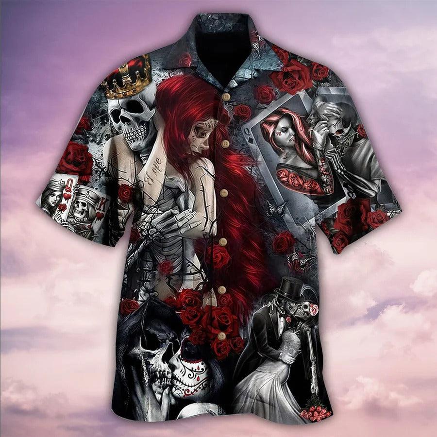 Skull Aloha Hawaiian Shirt For Summer - Skull Love Is Life Hawaiian Shirt- Girl And Rose Hawaiian Shirt - Perfect Gift For Men, Women, Skull Lover - Image 2