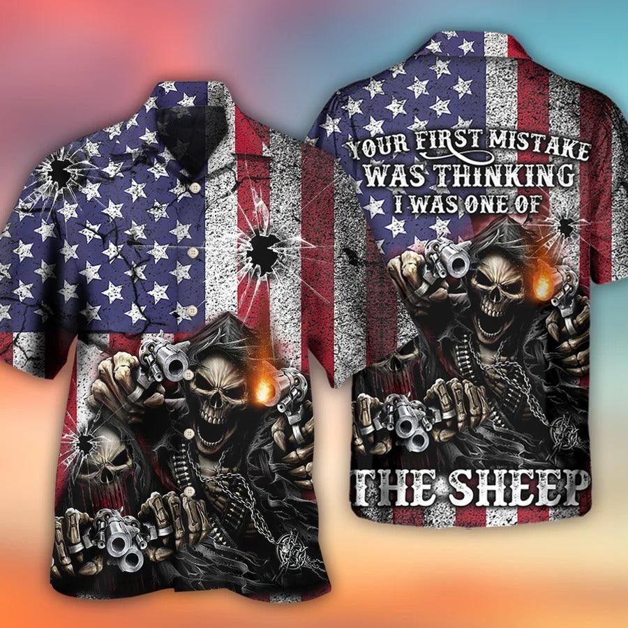 Skull Aloha Hawaiian Shirt For Summer, Skull Shot Gun American Flag Vintage Hawaiian Shirt - Perfect Gift For Men, Women, Skull Lover