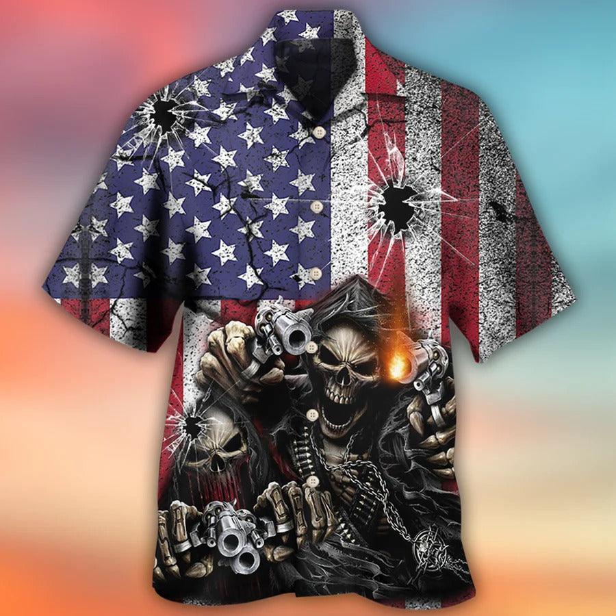 Skull Aloha Hawaiian Shirt For Summer, Skull Shot Gun American Flag Vintage Hawaiian Shirt - Perfect Gift For Men, Women, Skull Lover - Image 2