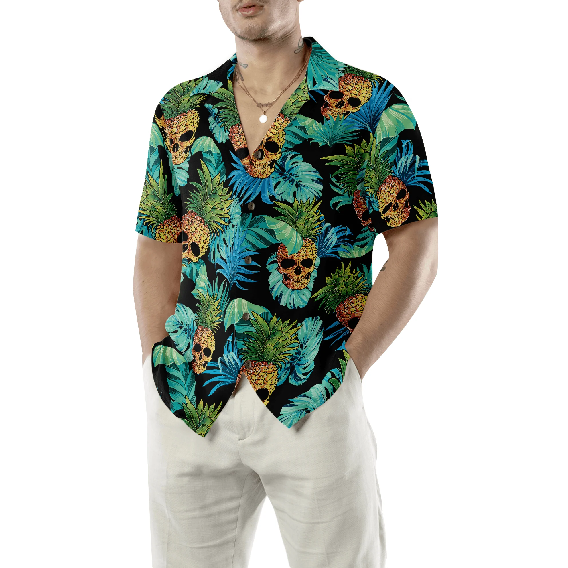 Skull Aloha Hawaiian Shirt, Pineapple Skull & The Tropical Leaves Hawaiian Shirt, Colorful Summer Aloha Shirt For Men Women, Gift For Friend, Family - Image 3