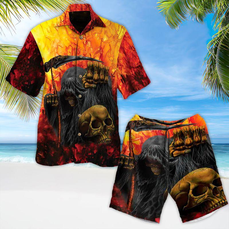 Skull Aloha Hawaiian Shirts For Summer, Grim Reaper At Hell Horror Skull Burning Hawaiian Set For Men Women, Gift For Horror Style Lovers, Friend
