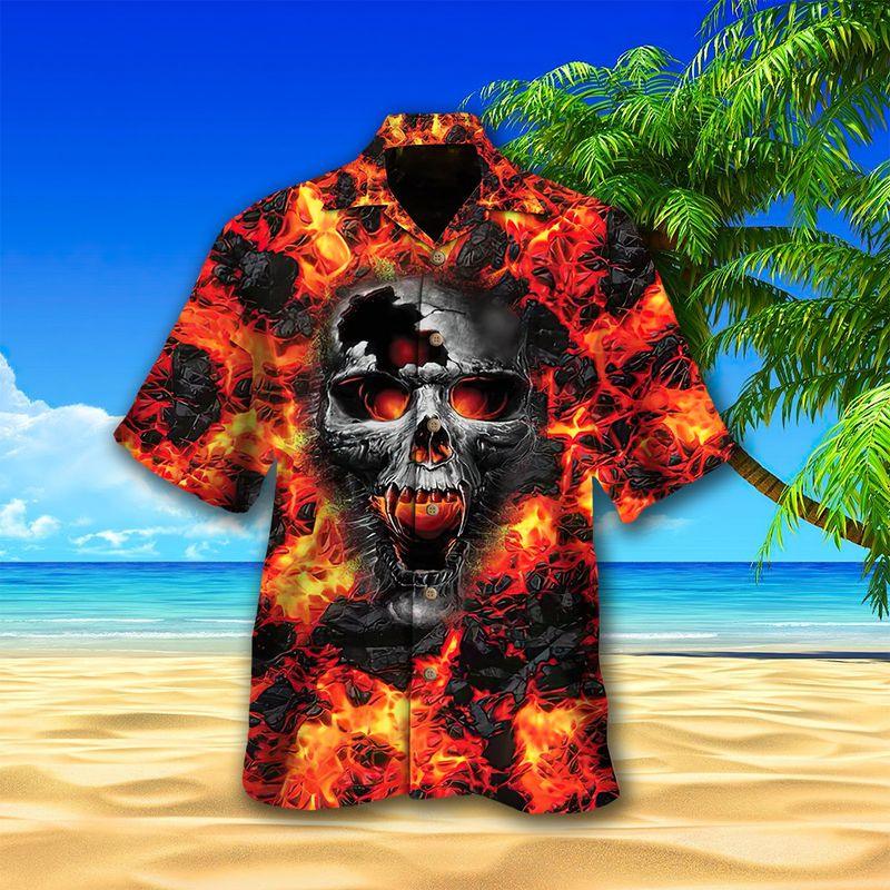 Skull Aloha Hawaiian Shirts For Summer, Skull On Lava Background Hawaiian Set For Men Women, Gift For Horror Style Lovers, Friend, Family, Team - Image 2