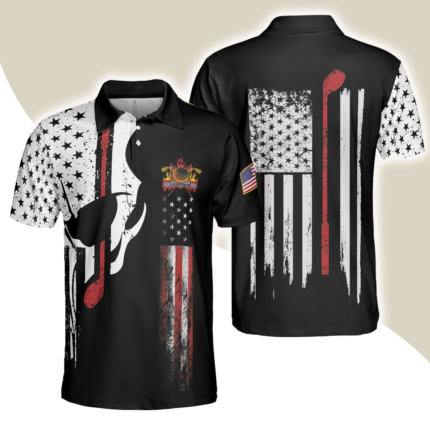 Skull American Flag With Golf Club Polo Shirt, Black And White American Flag Polo Shirt, Patriotic Golf Shirt For Men - Perfect Gift For Men, Golfers