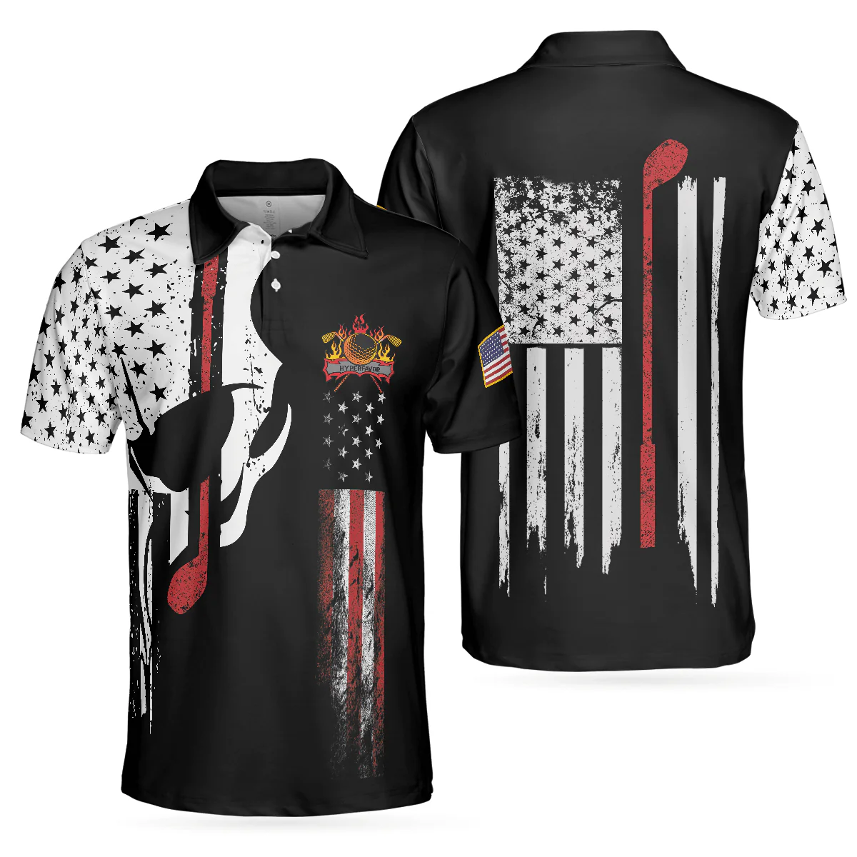 Skull American Flag With Golf Club Polo Shirt, Black And White American Flag Polo Shirt, Patriotic Golf Shirt For Men - Perfect Gift For Men, Golfers - Image 2