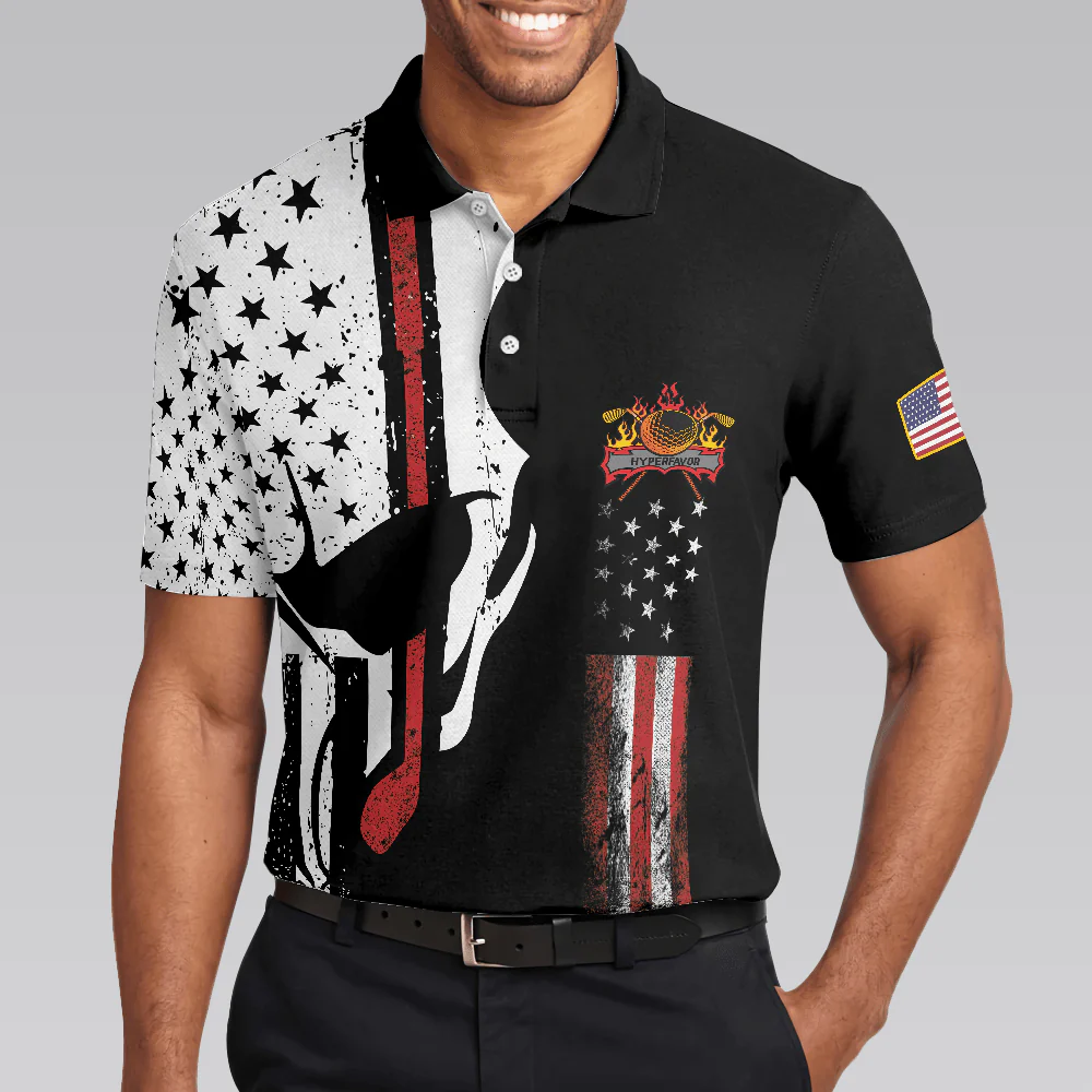 Skull American Flag With Golf Club Polo Shirt, Black And White American Flag Polo Shirt, Patriotic Golf Shirt For Men - Perfect Gift For Men, Golfers - Image 5