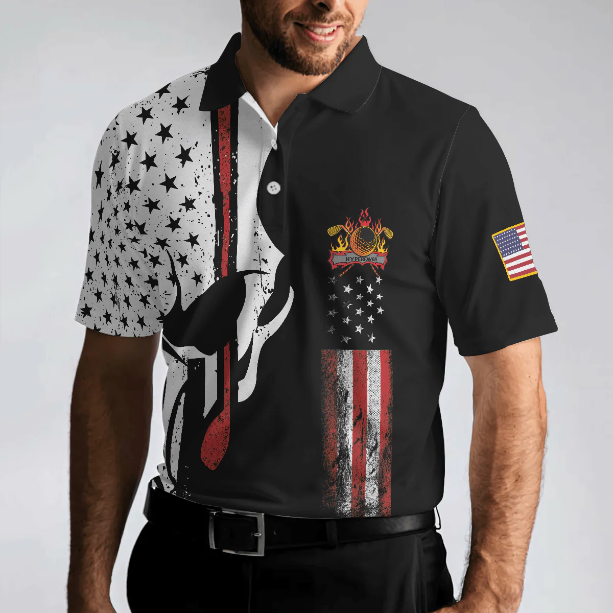Skull American Flag With Golf Club Polo Shirt, Black And White American Flag Polo Shirt, Patriotic Golf Shirt For Men - Perfect Gift For Men, Golfers - Image 6