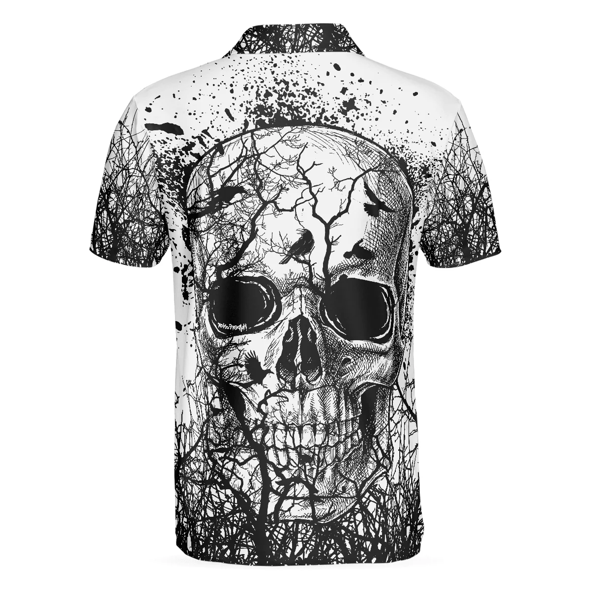Skull Crow Black And White Short Sleeve Polo Shirt, Dark Forest Skull Crow Shirt For Men, Best Polo Shirt For Halloween - Perfect Gift For Men - Image 2